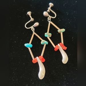Southwest Silver Tube Turquoise Coral Mother of Pearl Screw Back Earrings Boho